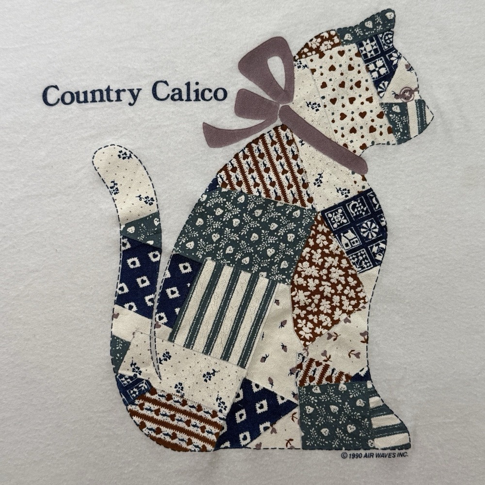 Vintage 1990 Country‎ Calico Cat T-Shirt XL Single Stitch Air Waves Made USA - Picture 3 of 9